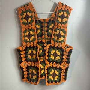 Crochet Granny Square Vest Handmade Gold Brown Green